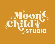 the moon child studio logo is shown in white on an orange background with stars and crescents