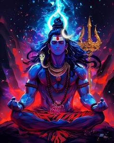 the hindu god sitting in lotus position with his hands crossed and eyes closed, surrounded by fire