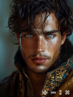 a man with freckled hair and blue eyes looks at the camera while wearing a gold jacket