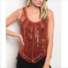 Earth Red Sequin Mesh Tank Top. Pair With Your Favorite Cami To Complete This Look. Perfect For The Holidays Or A Fun Night Out! You Will Definitely Turn Heads In This Piece. Trendy Red Tank Top For Party, Red Sequin Tops For Spring, Red Sequined Tops For Fall, Casual Red Sequined Tops, Chic Red Tops For Festival, Orange Tank Top For Spring Party, Spring Party Orange Tank Top, Spring Orange Party Tank Top, Mesh Tank Top