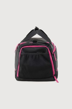 a black and pink duffel bag on a white background