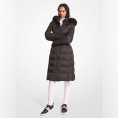 Puffer Coat Nylon Shell: 100% Nylon Trim: 62% Viscose/33% Nylon/5% Elastane Fill: 100% Nylon Fitted Nylon Puffer Jacket For Work, Elegant Nylon Outerwear For Work, Chic Black Nylon Outerwear, Fitted Down Outerwear For Work, Elegant Long Sleeve Nylon Outerwear, Michael Kors Winter Workwear Outerwear, Fitted Michael Kors Winter Outerwear, Brown Puffer Jacket, Michael Kors Black Puffer Coat