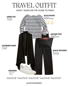 Graphic of what to wear on the plane to Paris. Outfit Ideas For Paris, Plane Outfit, Traveling To Paris, Fashion Travel Outfit, Travel Outfit Ideas, On The Plane