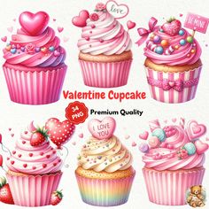 valentine cupcakes with pink frosting and hearts on them, all in different colors