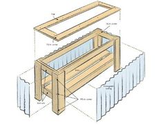 an image of a wooden bench with measurements on the top and bottom part, labeled below