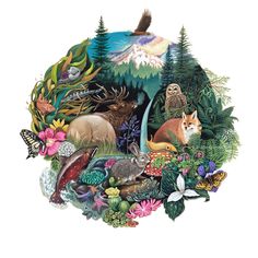 a painting of animals and plants in the woods