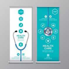 two medical banners with stethoscopes on the front and back, one for health care