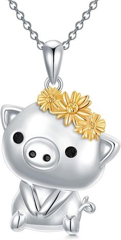 925 Sterling Silver Pig Pendant Necklace Jewelry Gift for Women   PIG NECKLACE : The Piggy Decorated with Sunflowers on its head, it Sitting and Enjoying Life. Reminds you to Live In The Moment and Enjoy The Life you earn. The Most Important is we hope you can Like a Sunflower, Go Ahead with a Smile. Whenever you Wear it, there comes with Joys and Vigor. MATERIAL : Our Sterling Silver Pig Necklace is Handmade by Quality Craftsmen with Featuring a Dainty Design - The Piggy and Sunflower Sculpted Pig Necklace, Pig Jewelry, Elephant Pendant Necklace, Magnetic Necklace, Four Leaf Clover Necklace, Unicorn Necklace, Star Of David Pendant, Pig Lovers, Live In The Moment