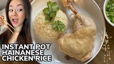 a woman holding chopsticks in front of a plate with chicken and rice on it