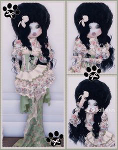 four pictures of a doll with black hair and white eyes, wearing a green dress