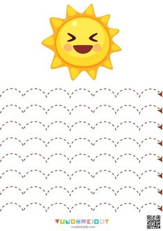 a cartoon sun with eyes and nose on top of a dotted line, in the middle of