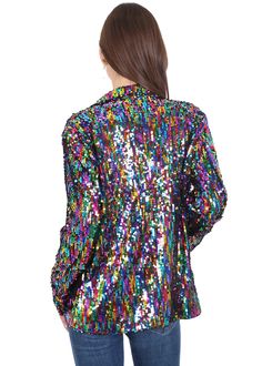 Feel confident and look fabulous in this stunning sequined sparkle Open Front Party Blazer. This dazzling jacket features a unique sequin detail, an open-front design, and velvet detailing for a standout look. Perfect for any formal event or a night on the town. Fabric Type: 100% Polyester Care Instructions: Hand Wash Only Fitted Party Outerwear With Contrast Sequin, Glitter Outerwear For Party Season, Party Season Outerwear With Contrast Sequin, Multicolor Sequin Fabric For Spring Night Out, Sequin Fabric For Night Out In Fall, Glamorous Sequin Fabric For Festive Fall Occasions, Party Sequin Outerwear For Party Season, Sequined Party Outerwear For Party Season, Party Season Sequined Outerwear