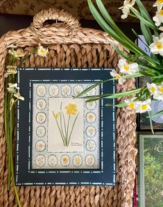 a basket with some flowers in it and pictures on the wall next to each other