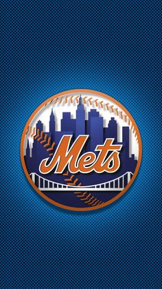 the new york mets logo is shown on a blue background with an orange and white baseball