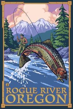 a poster with the words utah and a fish jumping out of water in front of mountains