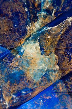 blue and yellow leaves are shown in this artistic photograph, with rust on the surface