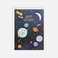 a happy birthday card with an image of the planets