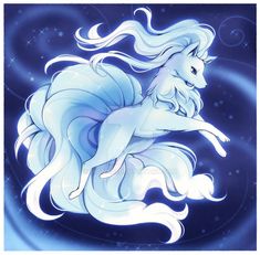 a drawing of a white unicorn floating in the air with her hair blowing back and eyes closed