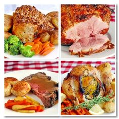 four pictures of different types of food including meat, potatoes and carrots on plates