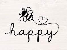 a black and white drawing of a bee with the word happy on it's side