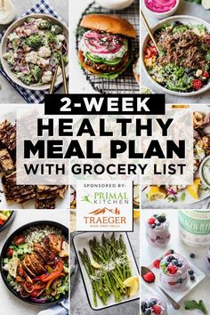 a collage of healthy meal plans with grocery list items and text overlay that reads, 2 week healthy meal plan with grocery list