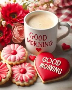 good morning cookies and cup of coffee with flowers