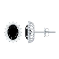 2.5 CT Oval Cut Black Onyx Classic Stud Earrings with Diamond Halo Black Onyx - ( AAA ) - Quality - Rosec Jewels Halo 2, Black Onyx Earrings, Onyx Earrings, Signature Jewelry, Timeless Jewelry, Diamond Halo, Conflict Free Diamonds, Halo Diamond, Free Jewelry