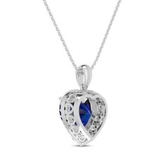 A rich heart-shaped blue lab-created sapphire gleams within a frame of white lab-created sapphires on this stunning necklace for her. Fashioned in classic sterling silver, the pendant sways from an 18-inch cable chain that secures with a lobster clasp. Sapphire Heart Necklace, Gold Layered Bracelets, Neil Lane Engagement Rings, Pearl Diamond Jewelry, Cross Jewelry Necklace, Fan Jewelry, Bezel Engagement Ring, Diamond Wedding Rings Sets, White Lab