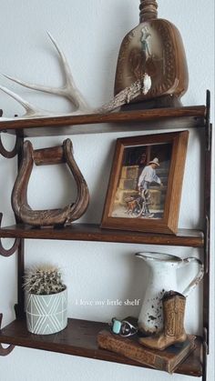 two wooden shelves with antlers and other items on them, one shelf is holding an empty vase