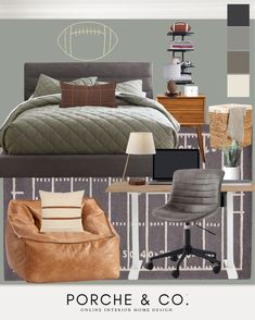 a bedroom is shown with furniture and decor in shades of gray, brown, and white