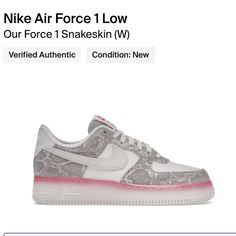 Since Its First Release, Nike Air Force 1 Low Our Force 1 Snakeskin Continues To Record High Sales Within The Nike Catalog. The Nike Air Force 1 Low Our Force 1 Snakeskin Is Embellished In Phantom, Sail, And Pink Nebula Colorway. The Sneaker Is A Product Of Leather And Rubber Material. The Nike Air Force 1 Low Our Force 1 Snakeskin Upper Is Dressed In A Snakeskin Pattern That Cuts Across The Heel, Mudguard, And Throat. The Midsole Is Dressed In A Pink Nebula Colorway And A Swoosh From Suede On T Custom Nike Synthetic Sneakers, Pink Nebula, Snakeskin Pattern, Nike Air Force 1 Low, Air Force 1 Low, Rubber Material, Nike Air Force 1, Air Force 1, Nike Air Force