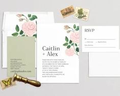 the wedding stationery is laid out on top of each other, including envelopes and stamps