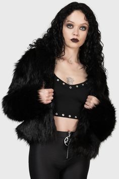 NIGHTMARE NEMESIS.- Statement faux fur coat.- Super soft.- Cropped.- Hook and eye closure.- Fitted.With KILLSTAR branding, Fabric 1: 59% Acrylic 41% Polyester, Fabric 2: 100% Polyester. Do not wash / Do not bleach / Do not tumble dry /Do not Iron / Dry clean. Imported. Goth Jacket, Black Faux Fur Jacket, Statement Coat, Body Figure, Alternative Clothing, Black Faux Fur, Dark Fashion, Faux Fur Jacket, Faux Fur Coat