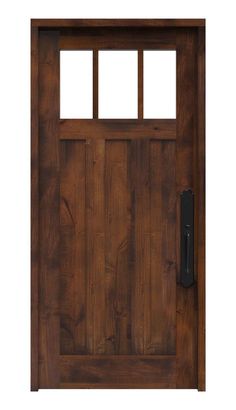 a wooden door with two windows on the top and bottom panel, in dark wood