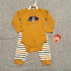 Brand New 6-9 Months Fall/Thanksgiving Baby Outfit Cotton Sets For Playtime In Fall, Fall Onesie For Playwear, Playful Cotton Onesie For Fall, Fall Playwear Onesie, Playful Fall Cotton Onesie, Playful Multicolor Sets For Fall, Cotton Onesie For Playtime In Fall, Playful Fall Playwear For Babies, Yellow Cotton Fall Set