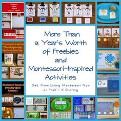 a collage of pictures with the words more than a year's worth of freebies and montessori - inspired activities