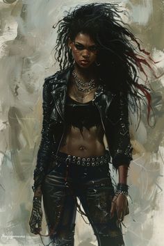 a painting of a woman with long hair and piercings on her chest, wearing leather pants