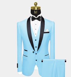 Baby Blue Tuxedo - 3 Piece - (FREE Shipping) | Gentleman's Guru Blue Single Button Tuxedo For Groom, Blue Single-button Tuxedo For Groom, Blue Single Button Formal Suits, Blue Tuxedo Three-piece Suit For Party, Blue Single Button Suits For Wedding, Blue Single Button Suit For Weddings, Blue Single-button Suit For Wedding, Classic Blue Three-piece Suit With Single Button, Blue Single-breasted Tuxedo For Groom