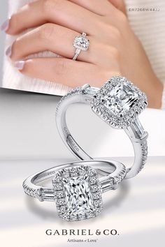 two engagement rings with diamonds on them and the words, gabrillo & co