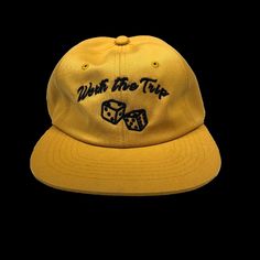 "Worth The Trip" Is A Unstructured, Super Comfy Strap Back Cap With The No Dice Logo Embroidered On The Front. Vintage Yellow Baseball Cap Trucker Hat, Vintage Yellow Snapback Trucker Hat, Vintage Yellow Snapback Baseball Cap, Vintage Yellow Trucker Baseball Cap, Vintage Yellow Trucker Hat, Yellow Vintage Trucker Hat, Retro Yellow Baseball Cap, Vintage Yellow Adjustable Hat, Yellow Cotton Snapback Baseball Cap