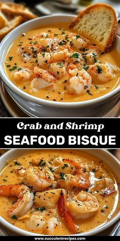 two pictures of seafood and shrimp soup with bread