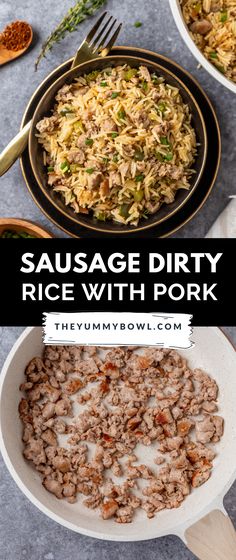 sausage dirty rice with pork in a skillet and on the table next to it