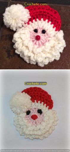 crocheted santa claus hat and beard is shown in two different colors, one red white and the other green