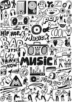 an abstract music background with people and symbols in the style of doodle, black and white