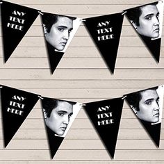 three black and white pennants with elvis presley on them