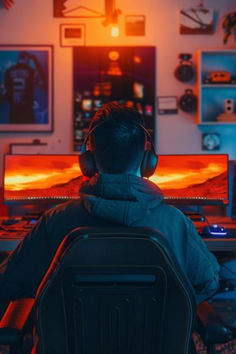 a man sitting in front of a computer with headphones on and looking at the screen