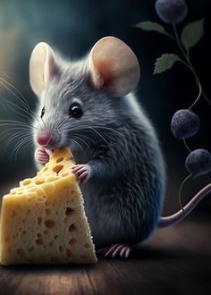 a mouse eating cheese on top of a table