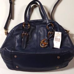 Mk Large Dark Blue Leather Purse Handbag, Plenty Of Storage. Cross Body & Sachel Blue Leather Satchel With Branded Hardware, Navy Leather Bag With Handles, Michael Kors Blue Bag With Detachable Strap, Michael Kors Blue Shoulder Bag With Detachable Strap, Michael Kors Blue Bag For Everyday Use, Michael Kors Blue Shoulder Bag For Everyday Use, Blue Leather Shoulder Bag With Branded Hardware, Navy Shopping Bag With Gold-tone Hardware, Blue Leather Bags With Branded Hardware