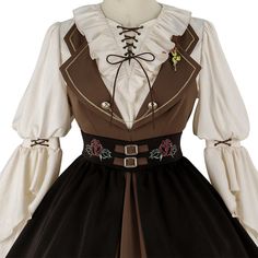 Rose Time Brown and Black Rosette Pattern Notched Collar Jumper Skirt Blouse Corset, Rosette Pattern, Collar Jumper, Jumper Skirt, Quirky Fashion, Fancy Outfits, Dress Set, Cosplay Outfits, Notched Collar