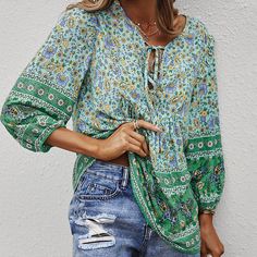 Traditional Print Front Strip Tie Blouse – My Comfy Blouse Trendy V-neck Floral Print Blouse, Fall Bohemian V-neck Blouse, Flowy V-neck Printed Tops, Bohemian Flowy V-neck Top, Flowy V-neck Blouse With Floral Print, Casual Flowy V-neck Peasant Top, Bohemian V-neck Blouse For Day Out, Trendy Floral Print V-neck Blouse, Trendy V-neck Blouse With Floral Print